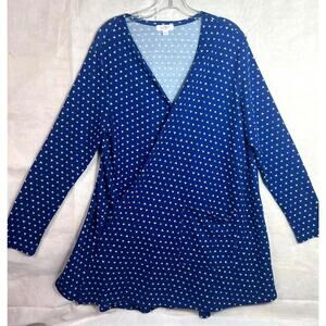 Lularoe Wrap Cardigan Womens Large Blue White Heart Print Long Sleeve Pockets